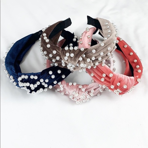 2/$25 Velvet Pearl Knotted Headband - Navy - Picture 4 of 5